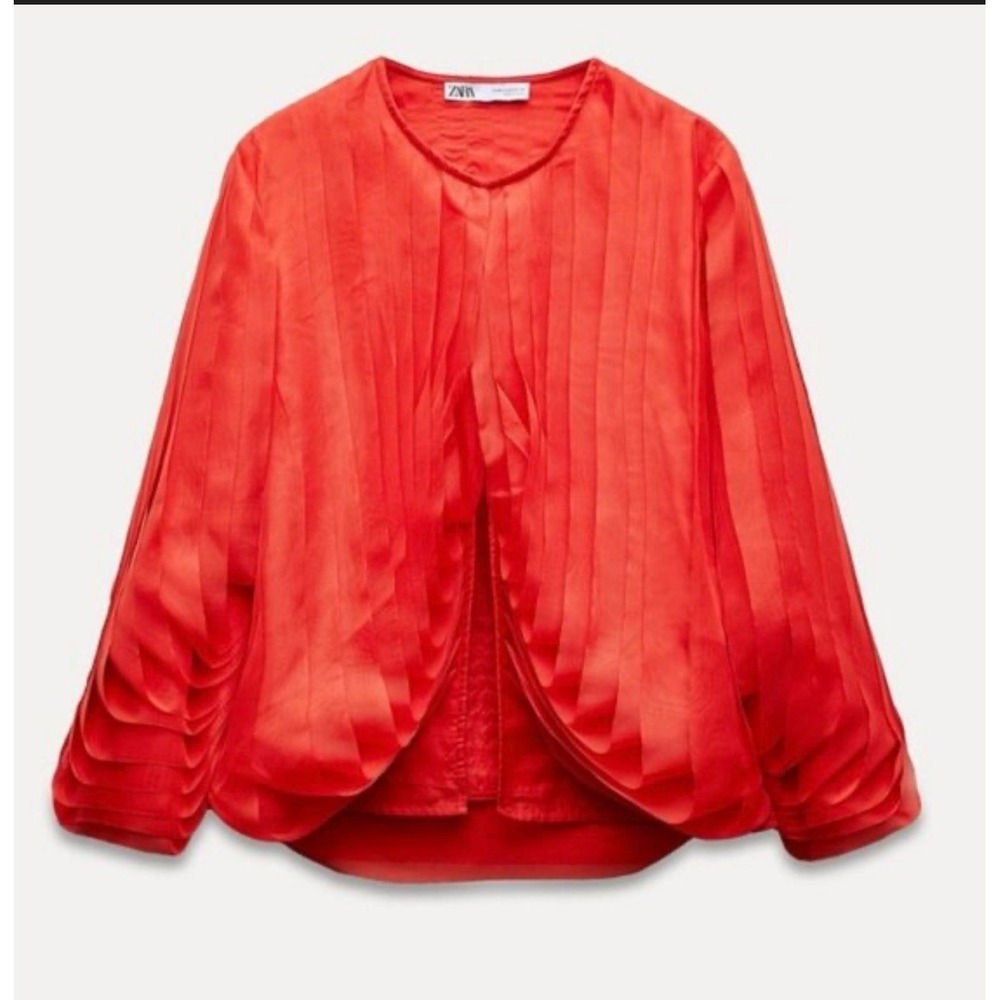 Zara Red Pleated‎ Organza Jacket Open Front Voluminous Sleeve XL - Picture 4 of 6
